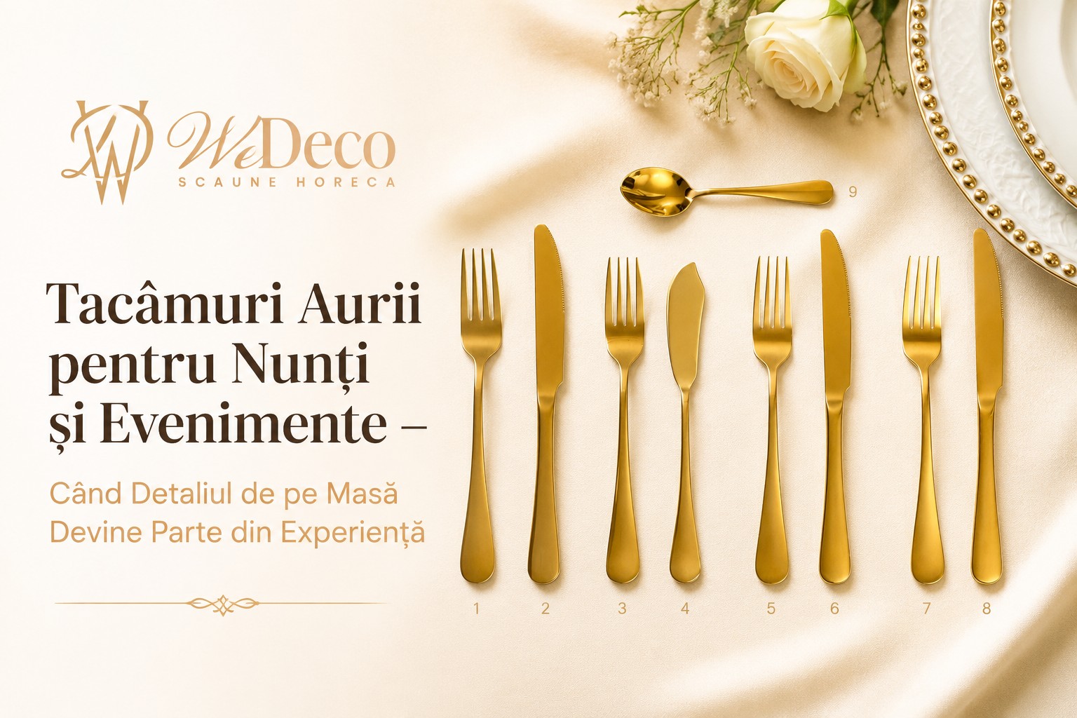 Tacâmuri Aurii pentru Nunți și Evenimente – Când Detaliul de pe Masă Devine Parte din Experiență