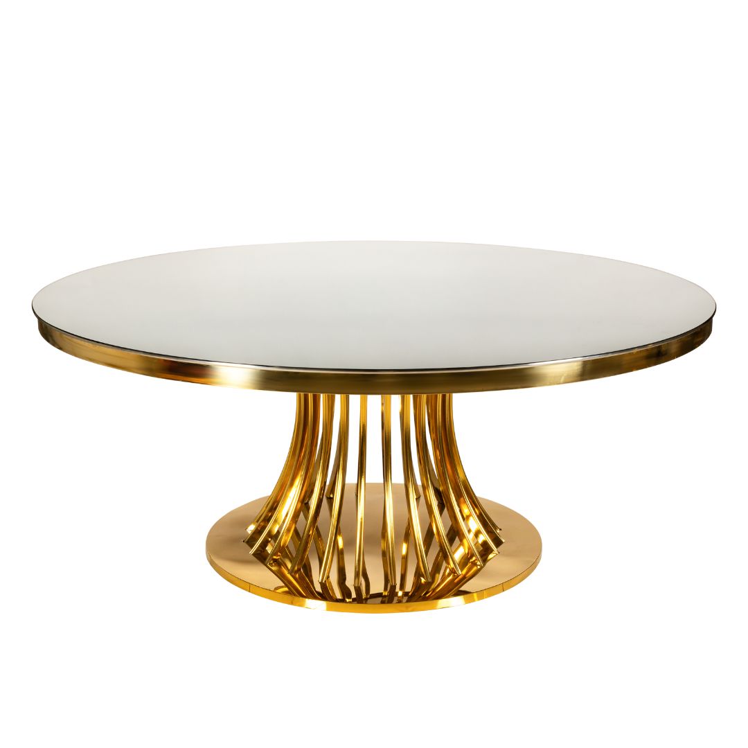 Scaune & Mese Evenimente MASĂ DE NUNTĂ AURIE CU BLAT DE STICLĂ ROUND NEW