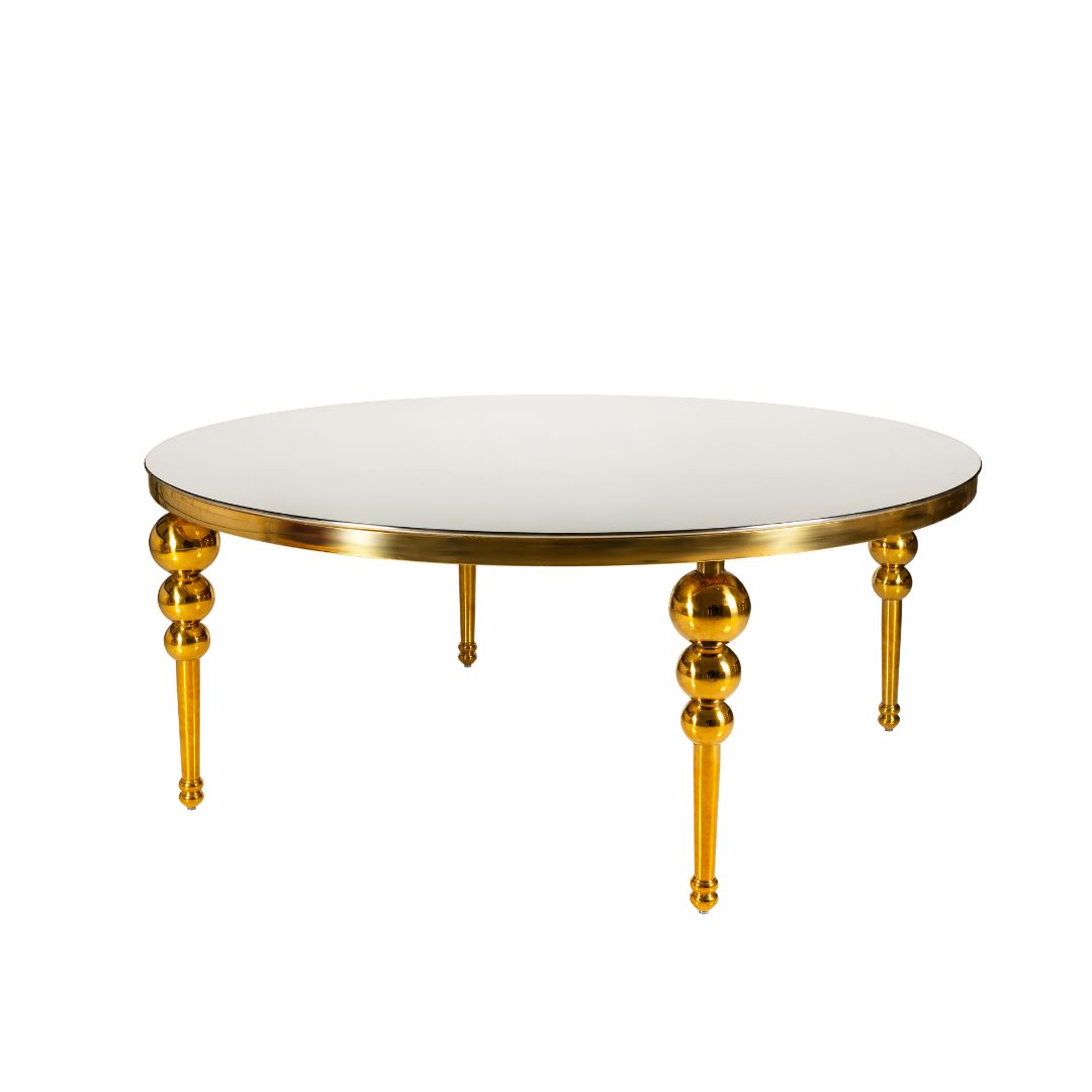 masa-rotunda-round-glamour-180-otel-inoxidabil-wedeco Masă rotundă Round Glamour 180 cm din oțel inoxidabil auriu cu picioare decorative, pentru săli de nuntă - fata